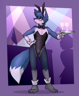 anthro beverage blue_body blue_fur bow_tie bulge bunny_costume clothed clothing container costume crossdressing cup eyeshadow fake_ears fake_rabbit_ears feet fingers fur glass glass_container glass_cup half-closed_eyes holding_object holding_tray leotard makeup male narrowed_eyes solo standing tail toes tray ryofox630 ryo_fox canid canine fox mammal digital_media_(artwork) hi_res