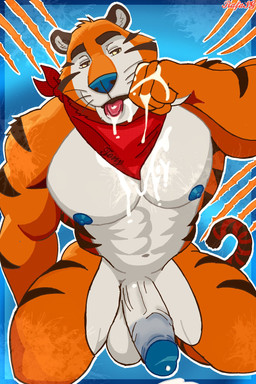 afterglow anthro balls biped blue_nipples blue_nose bodily_fluids cum cum_drool cum_on_chest cum_on_hand cum_on_tongue erection fur genital_fluids genitals glans kerchief kneeling male mascot muscular muscular_anthro muscular_male nipples orange_body orange_fur penis simple_background solo stripes tongue vein veiny_penis yellow_eyes rafaxsg frosted_flakes kellogg's tony_the_tiger felid mammal pantherine tiger 2:3 hi_res