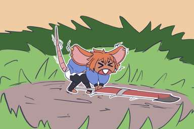 black_bottomwear black_clothing black_pants blue_clothing blue_sweater blue_topwear bottomwear brown_body brown_skin buckteeth chibi clothing eyes_closed fur grass greatsword hair hunched_over male melee_weapon motion_lines open_mouth orange_body orange_fur orange_hair outside pants plant raised_tail shaking solo sweater sword tail teeth topwear trembling weapon white_bottomwear white_clothing white_pants ito_oni moemi animal_humanoid humanoid mammal mammal_humanoid murid murid_humanoid murine murine_humanoid rat_humanoid rodent rodent_humanoid 2024
