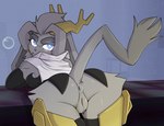 anthro antlers anus armwear bent_over big_butt black_armwear black_clothing black_topwear blue_background blue_eyes blush blush_lines bottomless butt clothed clothing eyebrows eyelashes female floppy_ears fur genitals grey_body grey_fur grey_hair grey_nose hair horn looking_at_viewer looking_back looking_back_at_viewer lop_ears pussy rear_view simple_background solo thick_eyebrows thick_thighs topwear wide_hips yellow_antlers yellow_horn lockheart pseudoregalia sybil_(pseudoregalia) bovid caprine goat hybrid jackalope lagomorph leporid mammal rabbit absurd_res hi_res