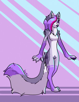 anthro arm_tuft breasts claws female fluffy fluffy_tail fur grey_body grey_fur hair leg_tuft long_hair neck_tuft nude pawpads purple_background purple_body purple_eyes purple_fur purple_hair purple_pawpads purple_tail shoulder_tuft simple_background small_breasts solo tail thigh_tuft toe_claws toony tuft wavy_hair tami_wolx tami_wolf canid canine canis mammal wolf 2025 absurd_res digital_media_(artwork) hi_res shaded simple_shading watermark