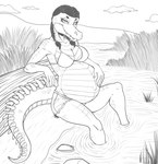 anthro bottomwear bra braided_hair braided_pigtails claws clothing cloud fangs female foot_in_water hair half-closed_eyes hand_on_belly looking_at_viewer mouth_closed narrowed_eyes navel outie_navel pigtails pregnant pregnant_anthro pregnant_female scales shorts sitting smile smiling_at_viewer solo spiked_tail spikes spikes_(anatomy) tail teeth underwear marcushunter crocodile crocodilian reptile scalie 2024 monochrome