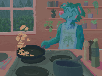 anthro appliance apron clothing detailed_background food fur green_body green_fur happy holding_pan male plant raining smile solo stove window demensa canid canine canis domestic_dog mammal 2023 4:3 digital_media_(artwork) hi_res pixel_(artwork)