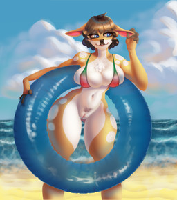 anthro beach big_breasts bikini bikini_top blue_eyes breasts brown_hair chest_tuft clothing cloud female genitals hair inflatable inner_tube multicolored_body pubes sea solo spots swimwear thick_thighs tuft two-piece_swimsuit two_tone_body vulva water hishis lana_(bonifasko) deer mammal absurd_res hi_res portrait three-quarter_portrait