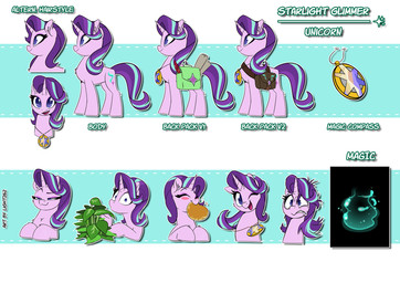 :3 bag blush eating eye_bags eyebrows female feral food hair horn jewelry messy_hair necklace pancake pendant plant raised_eyebrow saddle_bag scroll smug solo surprised text light262 friendship_is_magic hasbro my_little_pony mythology phyllis_(mlp) starlight_glimmer_(mlp) equid equine mammal mythological_creature mythological_equine unicorn english_text hi_res model_sheet