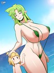 age_difference areola big_breasts bikini blonde_hair breasts clothing duo female green_hair hair huge_breasts larger_female navel not_furry older_female one-piece_swimsuit size_difference sling_bikini swimwear two-piece_swimsuit normi elf humanoid absurd_res hi_res