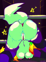 anthro anus breast_squish breasts clothing female fur genitals hair leggings legwear muffled_music multicolored_hair music nipples on_ground pussy rainbow_hair raised_tail rave solo squish star tail white_body white_fur catjam_(artist) xcite_(catjam) animated sound webm
