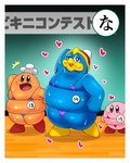 anthro belly bikini chef_hat clothing competition group hat headgear headwear heart_eyes heart_symbol male micro_bikini one_eye_closed overweight overweight_male pose skindentation slightly_chubby swimwear tight_clothing trio two-piece_swimsuit wink kwskkaruta kirby_(series) nintendo chef_kawasaki king_dedede kirby avian bird penguin 4:5