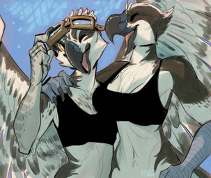 5_fingers anthro arm_around_shoulders beak black_clothing black_topwear blue_background breasts brown_body brown_feathers brown_wings cleavage clothed clothing duo eyewear feathered_wings feathers female female/female fingers goggles grey_beak hand_on_shoulder happy multicolored_body multicolored_feathers multicolored_wings one_eye_closed open_beak open_mouth open_smile scuted_arms scutes simple_background smile spread_wings standing tongue topwear two_tone_body two_tone_feathers two_tone_wings white_body white_feathers white_wings wings wink yellow_eyes mabyn kwaza_(ozawk) varra_(fefquest) accipitriform avian bird osprey 2020