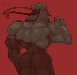 accessory age_difference aged_up anthro back_muscles balls barazoku biceps brown_body brown_fur butt claws deltoids duo finger_claws forearm_muscles fur genitals headband male male/male mature_anthro mature_male muscular muscular_anthro muscular_male older_anthro rear_view red_background simple_background pinumontbalou epic_games fortnite mythology dire_(fortnite) canid canine mammal mythological_canine mythological_creature werecanid werecanine werecreature werewolf hi_res