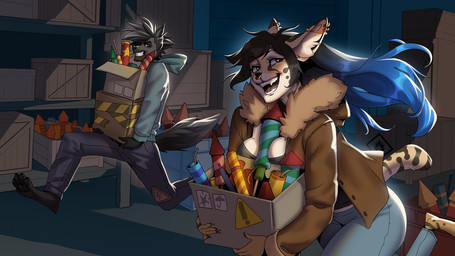 alternative_fashion anthro anthro_on_anthro black_hair black_nose bottomwear box breasts brown_hair cardboard cardboard_box clothed clothed_anthro clothed_female clothed_male clothing container denim denim_bottomwear denim_clothing detailed_background duo ear_piercing ear_ring facial_piercing female female_anthro firecracker fireworks fully_clothed fully_clothed_anthro fully_clothed_female fully_clothed_male fur gradient_hair grey_body grey_fur grunge hair holding_box holding_container holding_object hoodie industrial_piercing inner_ear_fluff jacket jeans jewelry long_hair makeup male male/female male_anthro markings medium_breasts nose_piercing nose_ring pants piercing punk ring_piercing running septum_piercing septum_ring smile spots spotted_body spotted_fur teeth teeth_showing topwear tuft winter winter_clothing wolfcut wooden_box deaddomovec furlough_games sex_and_the_furry_titty ashley_(furlough_games) curt_(furlough_games) felid feline mammal porcupine rodent serval 16:9 hi_res widescreen