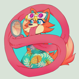 anthro blonde_hair blue_background blue_clothing blue_dress blue_eyes clothing dress eyewear female fur hair hand_behind_head hyper hyper_tongue long_tongue mirror orange_body orange_fur prehensile_tongue reflection simple_background solo sunglasses tongue tongue_out white_background tangerinika animal_crossing nintendo audie_(animal_crossing) canid canine canis mammal wolf 1:1 absurd_res digital_media_(artwork) hi_res
