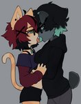 anthro big_breasts black_hair bodily_fluids breast_size_difference breasts clothed clothing crop_top duo ear_piercing ear_ring eyewear female female/female female_anthro floppy_ears french_kissing fur glasses green_hair grey_body hair half-closed_eyes hand_under_clothing hoodie hug kemono kissing midriff multicolored_body multicolored_fur multicolored_hair narrowed_eyes piercing red_hair ring_piercing saliva shirt short_hair tail tongue tongue_out topwear wearing_glasses yoako aeiou_(yoako) canid canine canis domestic_cat domestic_dog felid feline felis mammal 2023 digital_media_(artwork)