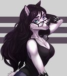 anthro black_hair black_nose blue_eyes breasts clothed clothing eyebrows eyelashes eyewear female glasses hair smile solo taurusart cana_de_lone canid canine canis fox mammal digital_media_(artwork) hi_res