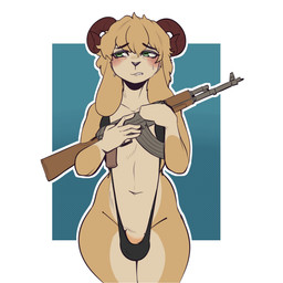 2_horns 5_fingers anthro assault_rifle bikini bikini_bottom black_clothing black_swimwear blonde_hair blush bodily_fluids brown_body brown_horn bulge clothed clothed_anthro clothing countershading crossdressing embarrassed erection femboy fingers flaccid floppy_ears front_view fur genitals green_eyes gun hair holding_gun holding_object holding_ranged_weapon holding_weapon horn humanoid_genitalia machine_gun male male_anthro multicolored_body multicolored_fur navel one-piece_swimsuit penis penis_base penis_poking_out ranged_weapon rifle simple_background skimpy sling_bikini solo standing sweat swimwear tan_body tan_fur tan_genitals tan_penis teeth thick_thighs two-piece_swimsuit two_tone_body weapon wide_hips doodlinbooba jeja jules_(jejansfw) bovid caprine goat mammal sheep 1:1 digital_media_(artwork) hi_res portrait three-quarter_portrait