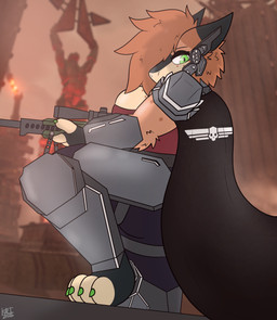 anthro armor breasts cape clothing detailed_background fluffy freckles glistening glistening_eyes gun looking_at_viewer military overweight ranged_weapon science_fiction soldier solo warrior weapon kariwolf197 helldivers zoey_(kariwolf197) mamagen cel_shading hi_res shaded