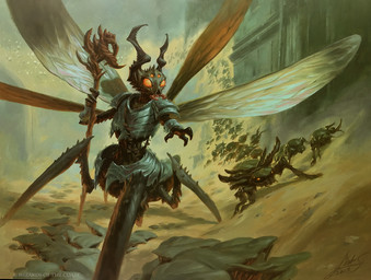 3_fingers 4_eyes ambiguous_gender armor claws feral fingers fungus group holding_object holding_staff horn insect_wings mandibles multi_eye mushroom staff wings slawomir_maniak hasbro magic:_the_gathering wizards_of_the_coast arthropod arthropod_taur insect insect_taur taur 2022 hi_res official_art traditional_media_(artwork)