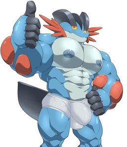 abs anthro balls_outline barazoku big_muscles big_pecs blue_body briefs bulge clothed clothing detailed_bulge erect_nipples fin genital_outline gesture hand_gesture hand_on_hip looking_at_viewer male muscular muscular_anthro muscular_male navel nipple_dip nipples pecs penis_outline simple_background solo tail tail_fin thumbs_up tighty_whities topless underwear underwear_only white_background white_briefs white_clothing white_underwear yellow_sclera maldu nintendo pokemon generation_3_pokemon pokemon_(species) swampert absurd_res hi_res