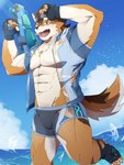 abs anthro beach bottomwear bulge clothing countershading eyewear fingerless_gloves gloves goggles handwear hip_window male muscular muscular_anthro muscular_male pecs seaside shorts solo swimwear toy toy_gun water water_gun sakehabera lifewonders live_a_hero barrel_(live_a_hero) canid canine canis mammal wolf absurd_res hi_res