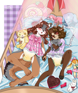 anthro bed blush bodily_fluids bow_ribbon box_of_chocolates brown_body brown_fur brown_hair candy chocolate clothing dessert diaper dress duo female female/female food fur furniture genital_fluids grey_body grey_fur hair hand_holding happy heart_box hug hugging_object hugging_plushie lace lying nightgown nocturnal_enuresis on_back pillow pink_clothing pink_dress plushie purple_clothing purple_dress romantic sleeping text toy unclean_diaper urine used_diaper wet_diaper wetting wrapper coolhooves baby_zoe princess_audrey canid canine deer mammal artist_name hi_res