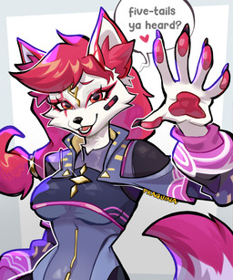 5_fingers anthro biped breasts claws clothed clothed_anthro clothed_female clothing dialogue female finger_claws fingers front_view fur hair handpaw inner_ear_fluff looking_at_viewer open_mouth open_smile paws pink_hair red_eyes simple_background smile speech_bubble standing tail teeth text tongue tuft white_body white_fur white_tail praquina epic_games fortnite kimiko_five-tails canid canine fox mammal 2026 digital_drawing_(artwork) digital_media_(artwork) english_text hi_res