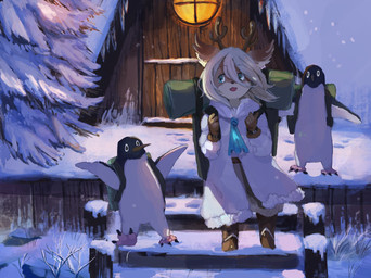 4_fingers anthro backpack blonde_hair blue_eyes boots clothed clothing coat detailed_background female fingers fog footwear fur gloves group hair handwear kemono open_mouth open_smile plant shoes sleeping_bag smile snout snow stairs topwear tree pippi913 avian bird deer mammal penguin 2017 digital_media_(artwork) digital_painting_(artwork) hi_res painting_(artwork)