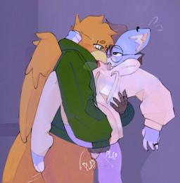 against_surface against_wall anthro blue_body blue_fur blush blush_lines butt butt_grab clothing duo ear_piercing eyewear eyewear_only fur genitals glasses glasses_only grabbing_head hand_on_butt hoodie male male/male nude on_one_leg penis piercing plap ring sex standing standing_sex tongue tongue_out topwear wearing_glasses ace_booper phoenix_wrath canid canine canis felid feline hybrid mammal wolf absurd_res hi_res