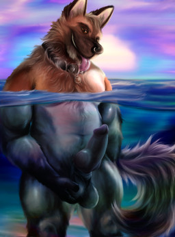 animal_genitalia animal_penis anthro balls black_nose brown_body brown_eyes brown_fur brown_skin canine_genitalia canine_penis collar erection eyebrows fur genitals hybrid_genitalia hybrid_penis knot male muscular muscular_thighs nude penis red_penis sea sky smile solo standing sun tongue tongue_out water killianwalker canid canine canis domestic_dog german_shepherd herding_dog mammal pastoral_dog 2019 absurd_res hi_res