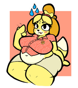 anthro belly big_belly big_breasts blush bodily_fluids breasts butt clothed clothing female fur hair looking_at_viewer navel obese obese_anthro obese_female overweight overweight_anthro overweight_female simple_background sitting smile solo sweat sweatdrop tail thick_thighs tired tongue weight_gain wide_hips yellow_body yellow_fur mushkoe animal_crossing nintendo isabelle_(animal_crossing) canid canine canis domestic_dog mammal shih_tzu toy_dog absurd_res digital_media_(artwork) hi_res