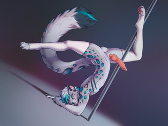 4_toes 5_fingers animal_genitalia animal_penis anthro athletic athletic_male balls black_body black_fur black_nose blue_body blue_eyes blue_fur blue_hair canine_genitalia canine_penis clothing countershade_torso countershading dancing digitigrade dipstick_tail dutch_angle feet fingers flexible fluffy fluffy_tail fur genitals gradient_background grey_body grey_fur grey_hair hair inner_ear_fluff knot knotted_penis legwear legwear_only looking_at_viewer male markings mismatched_genitalia mismatched_penis pawpads penis pink_pawpads pole pole_dancing red_penis sheath simple_background solo spots spotted_body spotted_fur stockings tail tail_markings toeless_legwear toes tuft upside_down white_clothing white_legwear white_stockings smileeeeeee snowcat41115 felid feline mammal pantherine snow_leopard 2024 digital_media_(artwork) hi_res