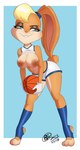2023 3_toes 4_fingers accessory anthro areola athletic_wear ball basketball_(ball) big_breasts bite biting_lip biting_own_lip black_eyebrows black_eyeliner blonde_hair blue_background blue_bottomwear blue_clothing blue_eyes blue_footwear blue_hair_tie blue_shirt blue_shorts blue_socks blue_topwear border bottomwear breasts brown_areola brown_nipples buckteeth bunbunmuffins butt clothing countershade_legs countershade_neck countershade_thighs countershade_torso countershading dated ears_tied_back exposed_breasts eyebrows eyelashes eyeliner eyeshadow feet female female_anthro fingers floppy_ears footwear fur gloves hair hair_accessory hair_tie half-closed_eyes handwear hi_res holding_basketball holding_object hotpants jersey lagomorph leaning leaning_forward leporid lola_bunny looking_aside looney_tunes lop_ears makeup mammal mascara mouth_closed multicolored_body multicolored_bottomwear multicolored_clothing multicolored_fur multicolored_shirt multicolored_shorts multicolored_topwear narrowed_eyes navel nipples orange_body orange_ears orange_fur orange_tail pink_inner_ear pink_nose rabbit scut_tail shirt shirt_up short_tail shorts signature simple_background socks solo space_jam standing stirrup_footwear stirrup_socks tail tan_body tan_fur tan_tail teeth toes topwear tune_squad_outfit tune_squad_outfit_(1996) two_tone_body two_tone_bottomwear two_tone_clothing two_tone_fur two_tone_shirt two_tone_shorts two_tone_tail two_tone_topwear warner_brothers white_border white_bottomwear white_clothing white_gloves white_handwear white_shirt white_shorts white_topwear