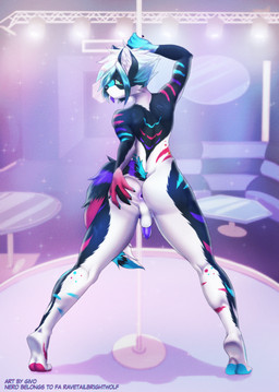 5_fingers anthro anus ass_up balls blue_hair butt butt_grab clothing dancing detailed_background erection feet fingers fur genitals green_eyes hair hand_on_butt inner_ear_fluff legwear looking_at_viewer looking_back magazine male multicolored_body multicolored_fur multicolored_tail nude pole pole_dancing pole_grab presenting presenting_anus presenting_balls presenting_hindquarters solo spread_butt spreading striped_body striped_fur stripes stripper_pole tail tuft givo canid canine canis mammal wolf digital_drawing_(artwork) digital_media_(artwork) hi_res