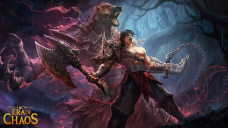 accessory anthro armor axe black_hair bottomwear brown_body brown_fur claws clothing duo forest fur hair headband holding_axe holding_object holding_whip looking_up male muscular muscular_male open_mouth outside pants pauldron plant raining red_clothing red_eyes spread_arms tree whip phu_thieu might_and_magic:_era_of_chaos human hyena mammal spirit absurd_res digital_media_(artwork) hi_res official_art