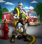 abs animal_genitalia anthro armor athletic biceps biped black_nose blue_eyes boots boxer_briefs chest_tuft claws clothed clothing cloud detailed_background erection fire_engine fire_hose fire_hydrant firefighter firefighter_helmet footwear fur genitals grey_body grey_fur grey_hair grin hair headgear helmet hose knot looking_at_viewer male markings muscular muscular_anthro open_bottomwear open_clothing outside pecs penis penis_poking_out pose pubes shoes sky smile solo standing suspenders tattoo topless truck_(vehicle) tuft turnout_gear underwear vehicle white_body white_fur yellow_body yellow_fur zipper zipper_down zipper_pull_tab zipper_underwear vallhound fahleir ulric_arnoux arctic_wolf canid canine canis mammal wolf 2014 digital_media_(artwork) watermark