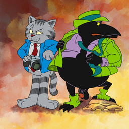 abstract_background anthro balls beak belly big_belly black_body black_feathers bottomless camera clothed clothing feathers fur genitals grey_body grey_fur holding_camera holding_object humanoid_genitalia humanoid_penis looking_at_another male necktie object_in_mouth penis shirt smile solo spats striped_body striped_fur stripes suit topwear undressing vein veiny_penis yellow_sclera bob-jiggles fritz_the_cat duke_(fritz_the_cat) fritz_the_cat_(character) avian bird corvid corvus_(genus) crow domestic_cat felid feline felis mammal oscine passerine 1:1 2025 hi_res
