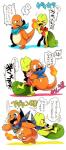 2015 ambiguous_gender anthro bodily_fluids charmander comic dialogue fire flaming_tail generation_1_pokemon generation_3_pokemon hi_res japanese_text lizard nintendo orange_body orange_skin pokemon pokemon_(species) pokemon_mystery_dungeon popemadara reptile scalie scared spike_chunsoft sweat tail text translated treecko young young_ambiguous young_anthro ふぁに味_(artist)