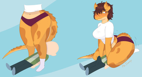 anthro bald bangs before_and_after big_breasts big_butt blue_background blush blush_lines bottomwear breasts brown_body brown_hair bulge butt butt_jiggle clothed clothed_anthro clothed_female clothed_human clothed_male clothing crop_top detailed_bulge duo facesitting feet female footwear freckled_face freckles furgonomics genital_outline gesture green_clothing green_jacket green_shirt green_topwear grey_bottomwear grey_clothing grey_pants hair hand_gesture human_on_anthro humanoid_feet interspecies jacket jiggling larger_anthro larger_female long_tail looking_aside male male/female markings navel non-mammal_breasts non-mammal_navel open_clothing open_jacket open_topwear panties pants penis_outline plantigrade purple_clothing purple_panties purple_underwear red_eyes reference_image_at_source shirt short_hair simple_background sitting sitting_on_another size_difference smaller_human smaller_male socks spiked_tail spikes spikes_(anatomy) spots spotted_markings standing tail tan_body tenting thick_thighs thumbs_up topwear underwear white_clothing white_crop_top white_topwear mrdummy569 cavemanon_studios snoot_game anon_(snoot_game) carol_(mrdummy569) allosauroid carcharodontosaurid dinosaur giganotosaurus human mammal prehistoric_species reptile saurischian scalie theropod absurd_res colored hi_res shaded
