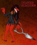 anthro black_clothing black_dress blood blood_stain bodily_fluids breasts clothing dress female hair non-mammal_breasts open_mouth red_body red_eyes red_hair red_scales scales scissor_blade solo teeth text tongue tongue_out viroveteruscy warning_cream_filled blood_orange_(viroveteruscy) crocodile crocodilian reptile scalie absurd_res digital_media_(artwork) english_text hi_res