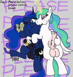 animal_genitalia begging blush blush_lines bodily_fluids cutie_mark dock_(anatomy) duo equine_genitalia eyelashes feral genital_fluids genitals grey_background gynomorph hair hooves horn intersex intersex/intersex leaking_precum lying magic masturbation multicolored_hair on_back orgasm_control orgasm_denial precum quadruped simple_background tail teats text text_background wing_around_another wings tally_(artist) friendship_is_magic hasbro kinktober kinktober_2025 my_little_pony mythology princess_celestia_(mlp) princess_luna_(mlp) equid equine horse mammal mythological_creature mythological_equine pony winged_unicorn 2025 english_text incest_(lore)
