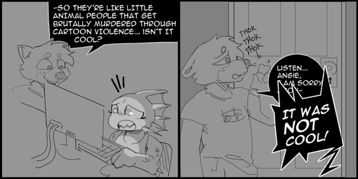 computer dialogue electronics shocked text empskit alex_(evergreenplate) angie_(evergreenplate) aquatic fish comic english_text monochrome reaction_image sketch