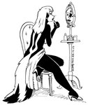 anthro breasts chair clothed clothing ear_piercing ear_ring female footwear fur furniture hair high_heels lipstick makeup mirror piercing rear_view ring_piercing shoes solo topless whiskers tegerio zandar's_saga kelly_o'dor mammal mephitid skunk 2024 hi_res monochrome