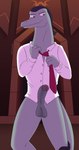 anthro balls bodily_fluids bottomless bottomless_male clothed clothing genital_fluids genitals humanoid_genitalia humanoid_penis looking_at_viewer male necktie penis precum shirt solo topwear undressing mucdraco porldraws disney star_vs._the_forces_of_evil toffee_(svtfoe) lizard reptile scalie septarian absurd_res hi_res