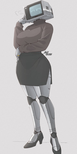 big_breasts biped bottomwear breasts clothing female fingers footwear for_a_head gold_ring grey_background grey_body high_heels machine ring screen screen_face shoes simple_background skirt solo standing text wide_hips auveiss melissa_graceford_(auveiss) humanoid object_head robot screen_head 2026 absurd_res artist_name english_text hi_res