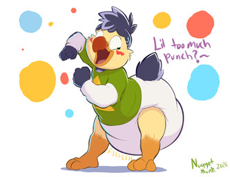 3_toes 5_fingers abstract_background accident animal_feet anthro awkward awkward_smile barefoot beak bent_over big_diaper blue_body blue_feathers blue_hands blue_head blue_neck blue_spots blue_tail blue_tail_feathers blue_torso blue_tuft blush bodily_fluids cheek_tuft chest_tuft clothed clothing curved_beak dance_party dancing dialogue diaper dotted_background embarrassed facial_tuft feather_hair feather_tuft feathers feet fingers fist fluffy fluffy_tail fluffy_tail_feathers full_diaper furgonomic_diaper furgonomics genital_fluids glistening glistening_bodily_fluids glistening_eyes glistening_sweat gradient_beak green_clothing green_eyes green_shirt green_text green_topwear grey_body grey_feathers grey_hands grey_head grey_neck grey_tail grey_torso grey_tuft hair head_tuft huge_diaper humanoid_hands incontinence joking long_sleeve_shirt looking_at_diaper looking_down looking_down_at_self male multicolored_body multicolored_face multicolored_feathers multicolored_legs multicolored_spots offscreen_ambiguous offscreen_character onomatopoeia orange_beak orange_feet orange_legs orange_scutes pantsless pantsless_anthro pantsless_male pattern_background peeing potty_failure pseudo_hair psssh public public_diaper_use purple_text raised_arms red_spots sagging_diaper school scuted_feet scuted_legs scutes shirt short_sleeved_shirt simple_background solo sound_effects spots sweat sweatdrop swollen_diaper tail tail_feathers teasing text thick_diaper tilde_after_text toes topwear triforce triforce_clothing triforce_print triforce_symbol tuft unclean_diaper urine used_diaper using_diaper wearing_diaper wet_diaper wetting wetting_diaper white_background white_diaper yellow_body yellow_face yellow_feathers yellow_legs yellow_scutes yellow_spots yellow_text yellow_tuft young young_anthro young_male nuggetmunk nintendo the_legend_of_zelda chester_bright avian bird columbid dodo recently_extinct_species 2026 absurd_res artist_name colored digital_drawing_(artwork) digital_media_(artwork) hi_res