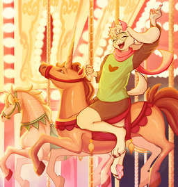2_horns amusement_ride anthro barefoot black_bottomwear black_clothing black_shorts bottomwear carousel claws clothed clothed_anthro clothing detailed_background eyes_closed feet floppy_ears fully_clothed fully_clothed_anthro fur green_clothing green_shirt green_topwear heart_clothing heart_symbol horn lop_ears male pawpads paws pink_horn pink_pawpads pink_scarf scarf shirt shorts solo tail toe_claws topwear white_body white_fur nyklii deltarune undertale_(series) ralsei bovid caprine goat mammal hi_res