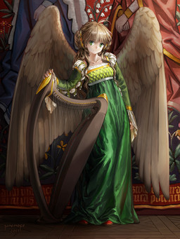 brown_hair clothed clothing detailed_background dress evening_gown feathered_wings feathers female green_eyes hair harp looking_at_viewer musical_instrument plucked_string_instrument solo string_instrument tapestry wings jane_mere human mammal 2013 hi_res