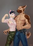 5_fingers abs albino anthro athletic athletic_anthro athletic_female athletic_male bare_chest belt beret biceps black_nose bottomwear breast_squish breasts brown_body brown_fur bulge camo camo_print casual_exposure claws clothed clothing dog_tags duo erection erection_under_clothing female finger_claws fingers flexing fur grin hat headgear headwear humanoid_hands looking_aside looking_at_another looking_away male male/female military_uniform muscular muscular_anthro muscular_female muscular_male navel nipples pants partially_clothed pecs pink_nose police police_uniform pose smile squish standing teeth topless topless_female topless_male uniform utility_belt white_body white_fur conqista alastair_(alastair) swayze_(boomershine) canid canine canis dobermann domestic_dog german_shepherd herding_dog mammal pastoral_dog pinscher 2021 digital_media_(artwork) hi_res signature story story_in_description