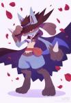 ambiguous_gender anthro bag cape clothing hat headgear headwear holowear_(pokemon) petals rose_petals solo standing uno_yuuji nintendo pokemon pokemon_unite costume_party_style_lucario canid generation_4_pokemon lucario mammal pokemon_(species) hi_res