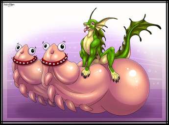 balls big_penis black_border border claws collar feral genitals gradient_background green_body huge_penis humor hyper hyper_genitalia hyper_penis male open_mouth penis pink_background red_eyes simple_background studded_collar studs tail teeth tongue tongue_out yellow_body skeletalheart mythology dragon mythological_creature mythological_scalie scalie