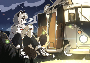 anthro beverage blush clothed clothed_anthro clothed_female clothing cloud female female_anthro fur hair holding_object kemono medium_truck outside sitting sky solo tail text truck van vehicle kloe_mone volkswagen volkswagen_group kloe_(kloe_mone) mammal mustelid musteline stoat true_musteline weasel 2025 artist_name digital_media_(artwork) hi_res